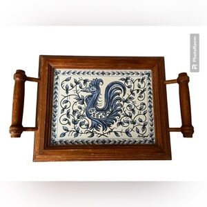 Vintage wood and blue/ white ceramics, porcelain earthenware. 10in x 8.5 inches